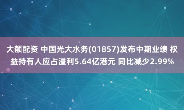 大额配资 中国光大水务(01857)发布中期业绩 权益持有人应占溢利5.64亿港元 同比减少2.99%